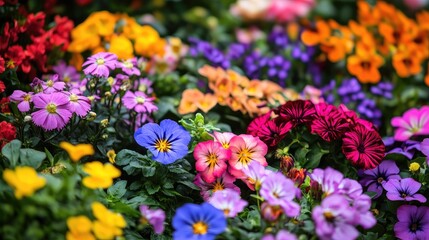 Close-up of a blooming flower bed with different flowers in a variety of hues, neatly arranged against a plain white background with copy space.