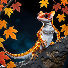 The Satanic Leaf-Tailed Gecko, camouflaged as an embodiment of autumn, symbolizes the transformative spirit of Halloween. Its disguise of fall leaves merges nature with the supernatural, set in a haun