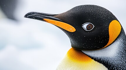 Close-up of a penguin's face, featuring its bright eyes and beak, set against an icy backdrop with space for your message.