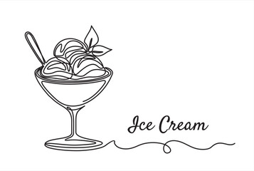 One continuous line drawing of ice cream in a bowl. Ice cream in plate freehand drawn silhouette illustration. Vector line art isolated on white