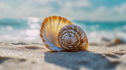 Close-Up of Sunlit Seashell on a Sandy Beach with Ocean Waves in Background