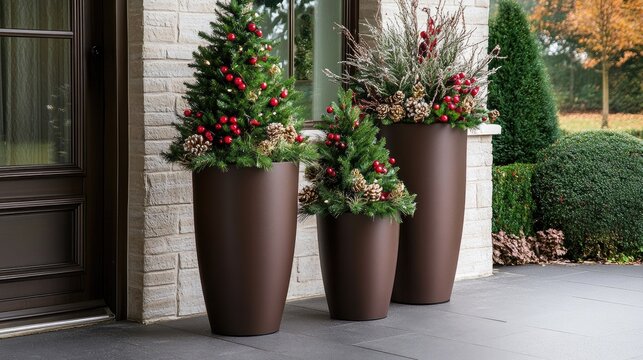 The front porch features large planters brimming with evergreen branches and vibrant red berries, complemented by a stunning Christmas tree amidst the snowy landscape