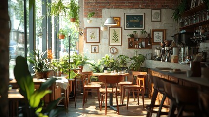 Cozy Coffee Shop Interior with Greenery and Wooden Furniture