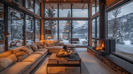 Modern Cabin Interior With Cozy Fireplace and Stunning Winter Lake View