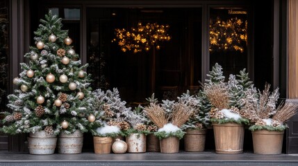 The front porch features large planters brimming with evergreen branches and vibrant red berries, complemented by a stunning Christmas tree amidst the snowy landscape