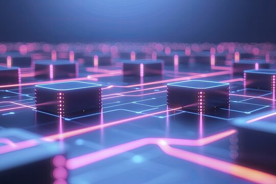 Digital landscape showcases interconnected buildings, shimmering lines trace paths of data, neon accents enhance sleek, modern designs.