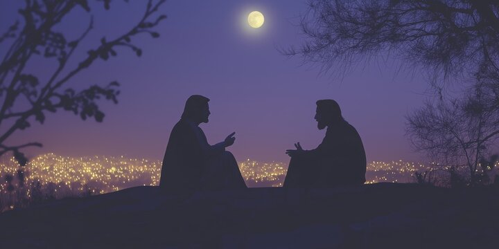 Jesus converses with Nicodemus beneath the starry night sky amid distant city lights, Biblical religious stories, illustrations Christian faith in God