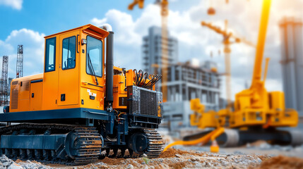 Powerful construction machinery in action at a busy building site with cranes and modern equipment