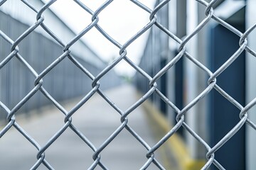 Fototapeta premium Physical security solutions for factories feature perimeter fencing with motion sensors, gritty texture, dramatic mood, wide-angle composition.