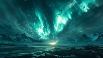 Naklejka premium Northern Lights Aurora Borealis Over Snowy Mountains and Sea