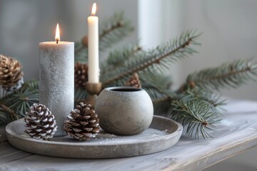 Two lit candles on a rustic tray with pine cones and evergreen branches, creating a warm and inviting atmosphere for relaxation.