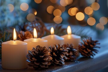 Lit white candles surrounded by pinecones create a cozy atmosphere with bokeh lights, evoking a warm and festive holiday mood.
