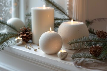 A serene arrangement of smooth white candles nestled among pine branches on a windowsill creates a peaceful and inviting atmosphere.