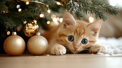 A fluffy kitten with mesmerizing blue eyes sits beneath a Christmas tree adorned with golden decorations and twinkling lights, creating a cozy holiday atmosphere