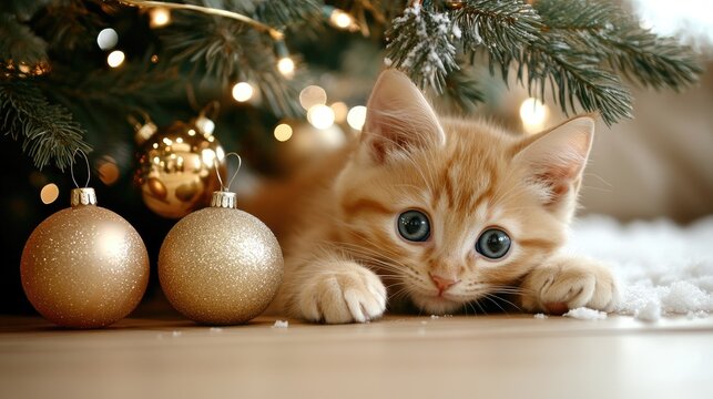 A fluffy kitten with mesmerizing blue eyes sits beneath a Christmas tree adorned with golden decorations and twinkling lights, creating a cozy holiday atmosphere