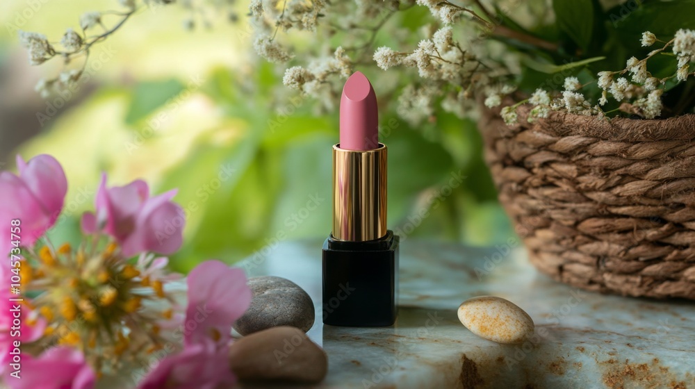 Poster a pink lipstick is elegantly positioned on a stone surface, surrounded by colorful flowers and smoot