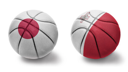 basketball balls with the national flags of malta and japan on the white background.