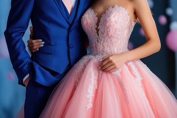 Elegant couple in formal attire at a celebration with pastel decorations