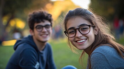 Naklejka premium Two young friends sit together in a park, smiling brightly as they enjoy a sunny day filled with laughter and companionship
