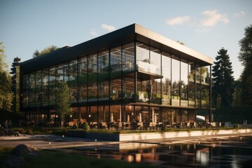 Tall office skyscraper with corner reflective glass and lush trees under bright sunlight