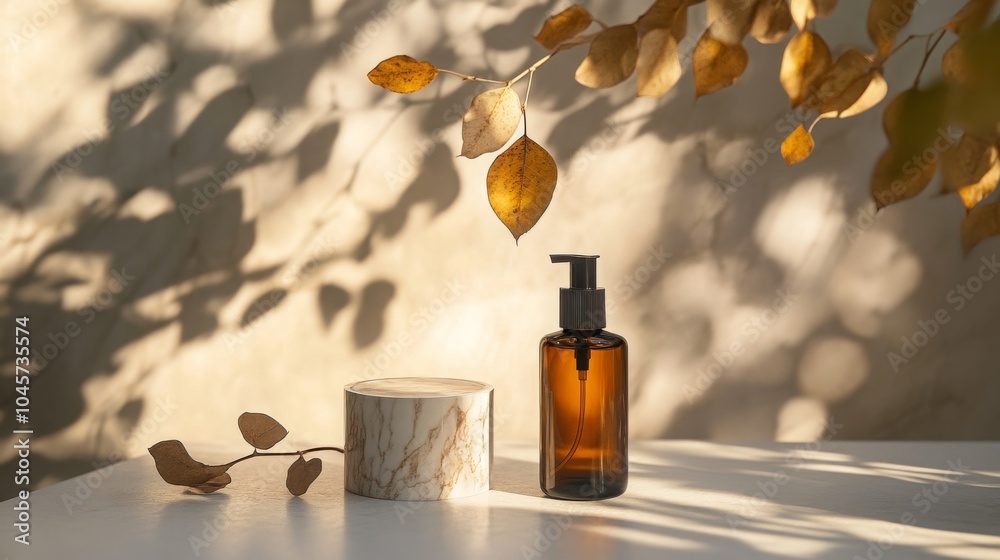 Aufkleber a beautifully arranged amber bottle stands beside a marble container, illuminated by warm autumn sun