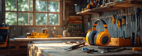 pair of yellow ear muffs and safety glasses rest on wooden workbench surrounded by various tools in well lit workshop. scene conveys sense of readiness for work and safety