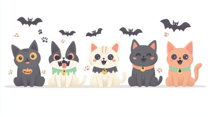 Obraz premium A cute collection of playful cats and dogs dressed for Halloween, featuring whimsical designs and fun bat motifs.