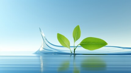 Abstract green and yellow plant design with curved lines on a blue background evoking lightness