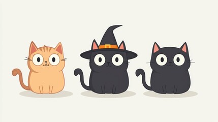 Three cute cartoon cats, featuring an orange cat and two black cats, one in a witch hat, perfect for Halloween themes.