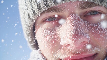 Winter Warmth - Close-up Shot of Smiling Man in Beanie and Scarf with Snowflakes Falling on Cheeks