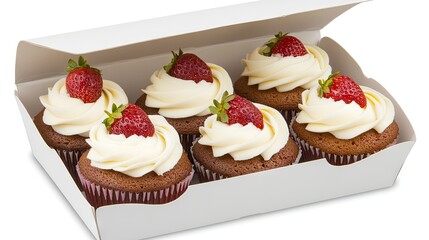 A selection of strawberry and red berry cupcakes with creamy frosting, beautifully arranged in white cardboard packaging, perfect for celebrations or joyful gatherings