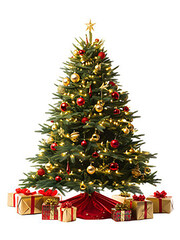 Christmas tree with presents isolated on a white background, with no shadows, reflections, depth of field, blur, decorated Christmas tree for with ornamental balls and bokeh lights for merry christmas