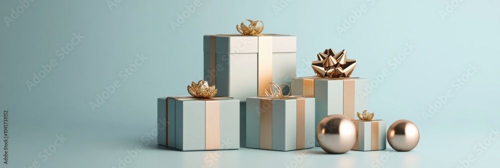 Aufkleber distinctively designed gift boxes in various sizes are elegantly placed on a soft blue background, f