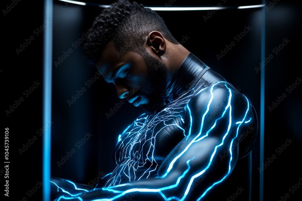 Poster advanced technology enhancing a person's strength, with cybernetic enhancements glowing as they stan