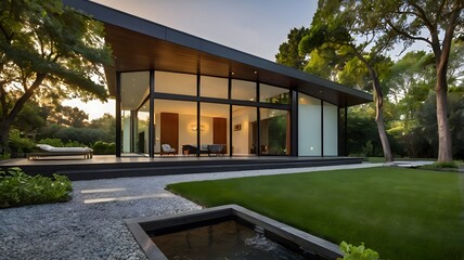 Fototapeta premium Sleek modern architecture with expansive windows and a lush garden view.