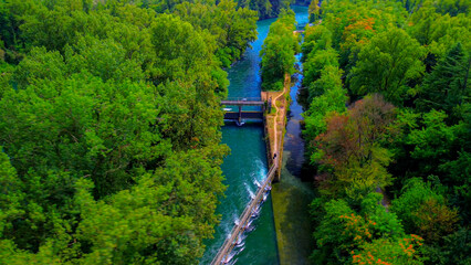 Trezzo sul Adda, Italy. Aerial view of a mountain freshwater river with low water level surrounded by green trees. White swans on the river. Forest. Hydroelectric power station. Green planet. Ecology