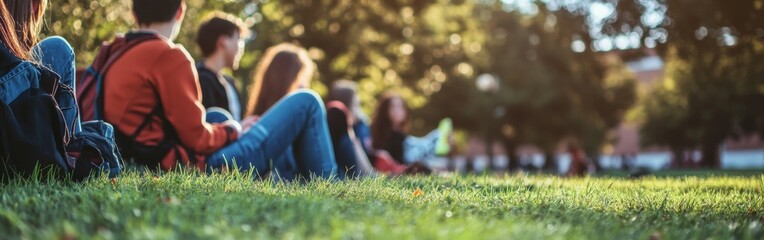 A lively group of young adults relaxes on the grass in a park, basking in the warm sunlight and engaging in friendly conversation on a beautiful day