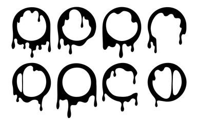 Dripping circle frame set. Melting liquid round border. Paint drops flow. Stringy slime or oil. Vector decorative elements. Hand drawn backgrounds.