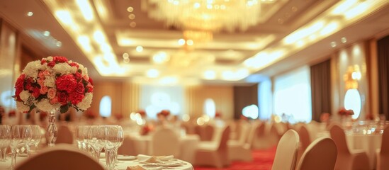 Blurred view of a banquet hall with white and red floral centerpiece on a table.