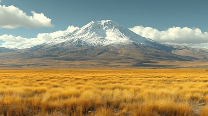 Obraz premium A snow-capped mountain rises above a vast, golden field.