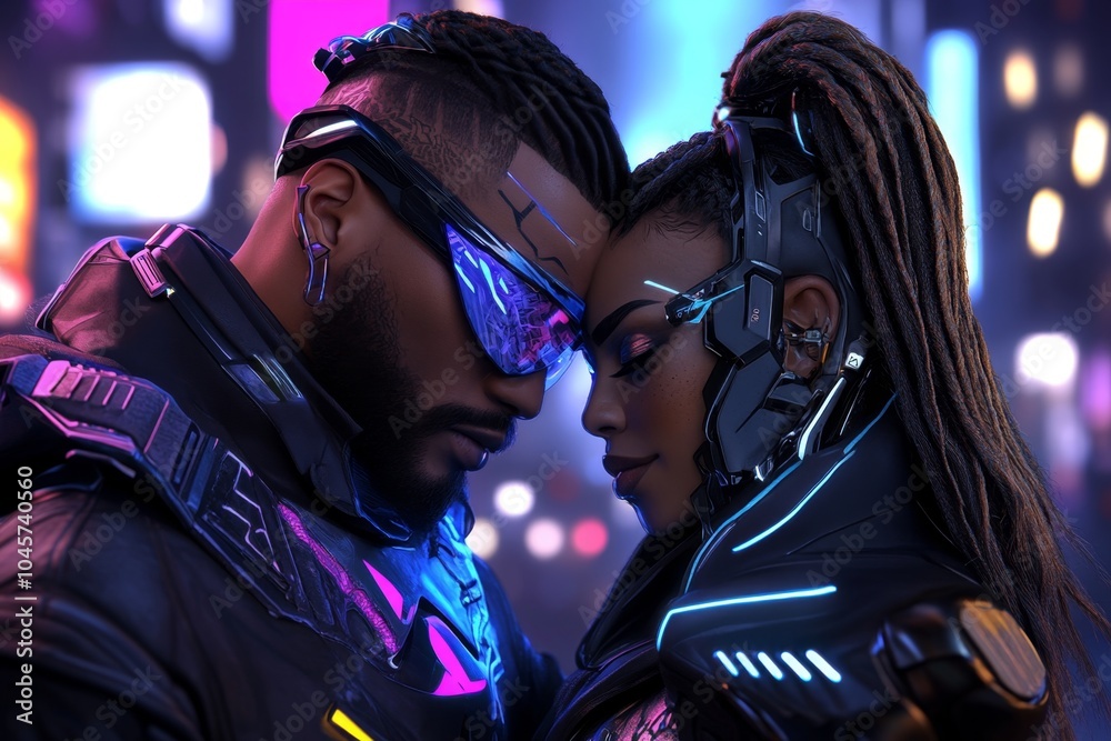 Poster cyberpunk couple sharing a moment in a neon-lit city, with futuristic technology and glowing lights 