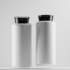 Two tall, white plastic bottles with black caps stand side by side against a clean, white background. Their minimalist design and sleek lines create a modern and professional aesthetic.
