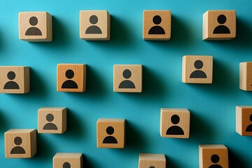Modern Blue Grid with Black Silhouette People on Wood Blocks