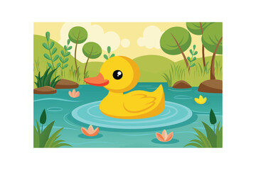 Fototapeta premium Cute duck swimming on the pond vector art illustration.