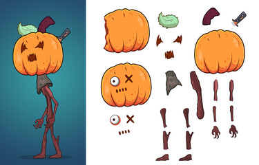 Halloween pumpkin character with body parts png for animation and video games.Digital concept art and graphics.Spooky 2D cartoon pumpkin head character human like.Autumn monster 8K.