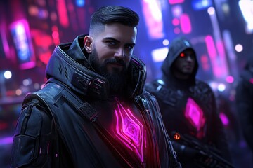Cyberpunk group of friends laughing and exploring a futuristic market, symbolizing the thrill of living fully in a high-tech, cyberpunk setting