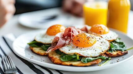 Brightly colored crumpets topped with spinach, prosciutto, and perfectly cooked eggs create a delightful breakfast, accompanied by refreshing orange juice and a stylish table setting
