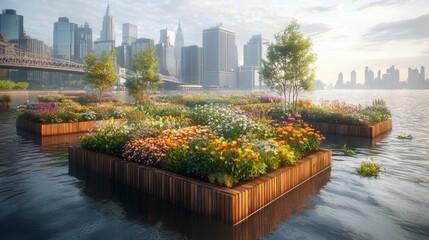 Fototapeta premium Floating Gardens in Urban Skyline Cityscape with Flowerbeds and River