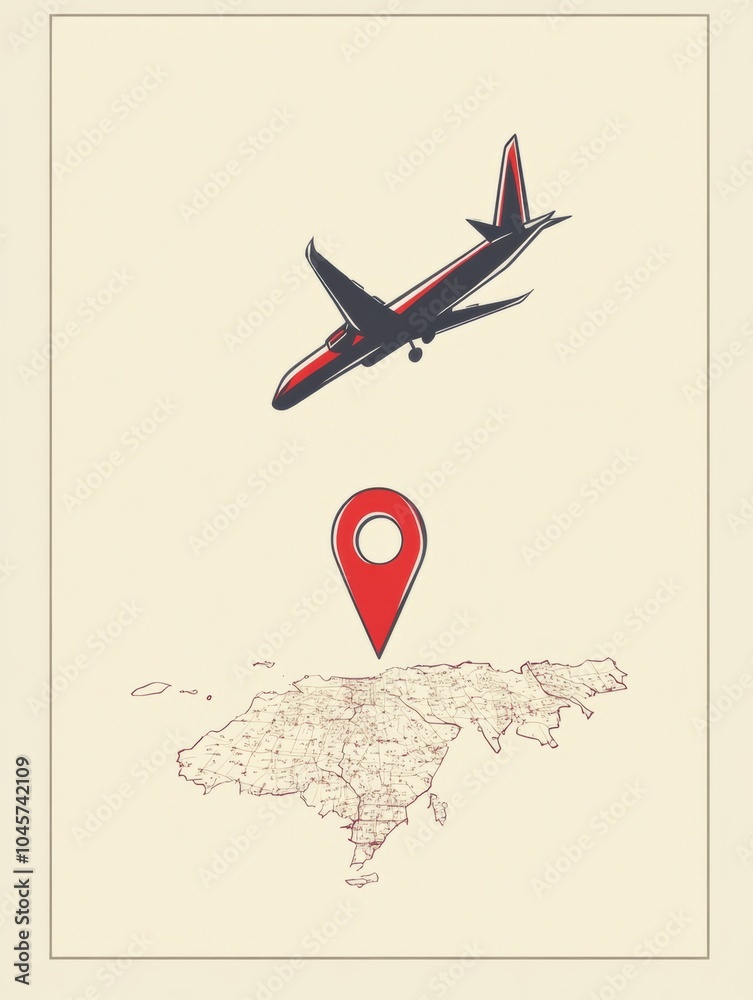 Poster an airplane flies toward a bold map pin, representing the journey to various travel destinations and