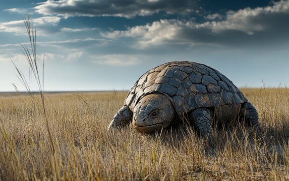 Ancient armored animal with domed shell rests in tall grass under dramatic sky, illustrating the coexistence of prehistoric megafauna with early grassland ecosystems